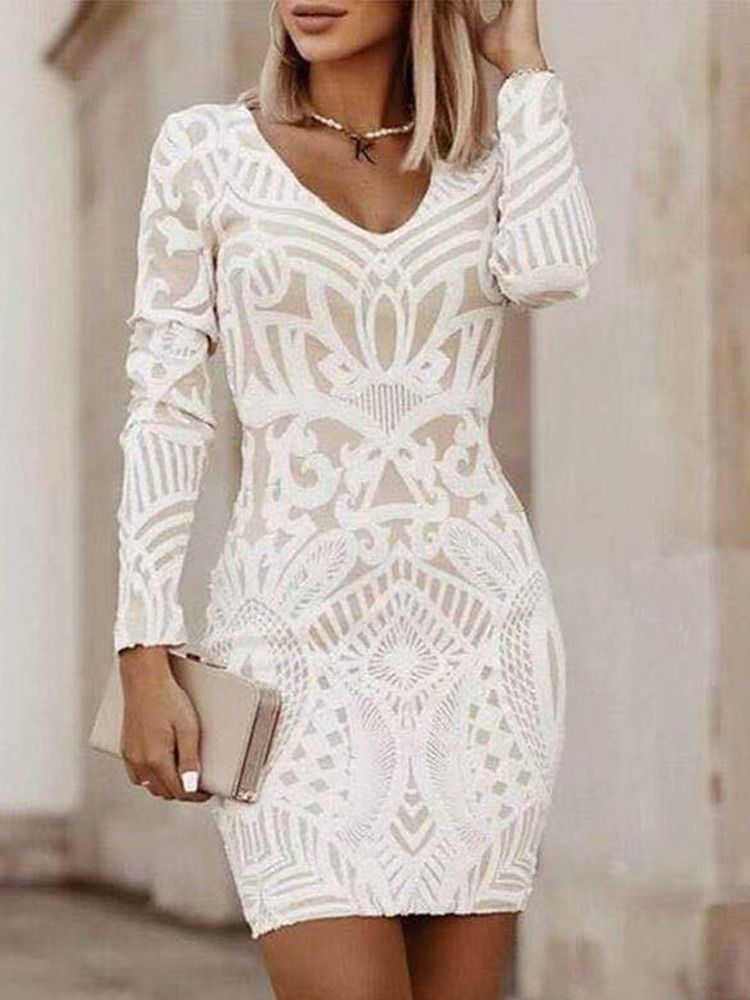 Mid-Calf Nine Points Sleeve V-Neck Pullover Bodycon Klänning Little Black Klänning