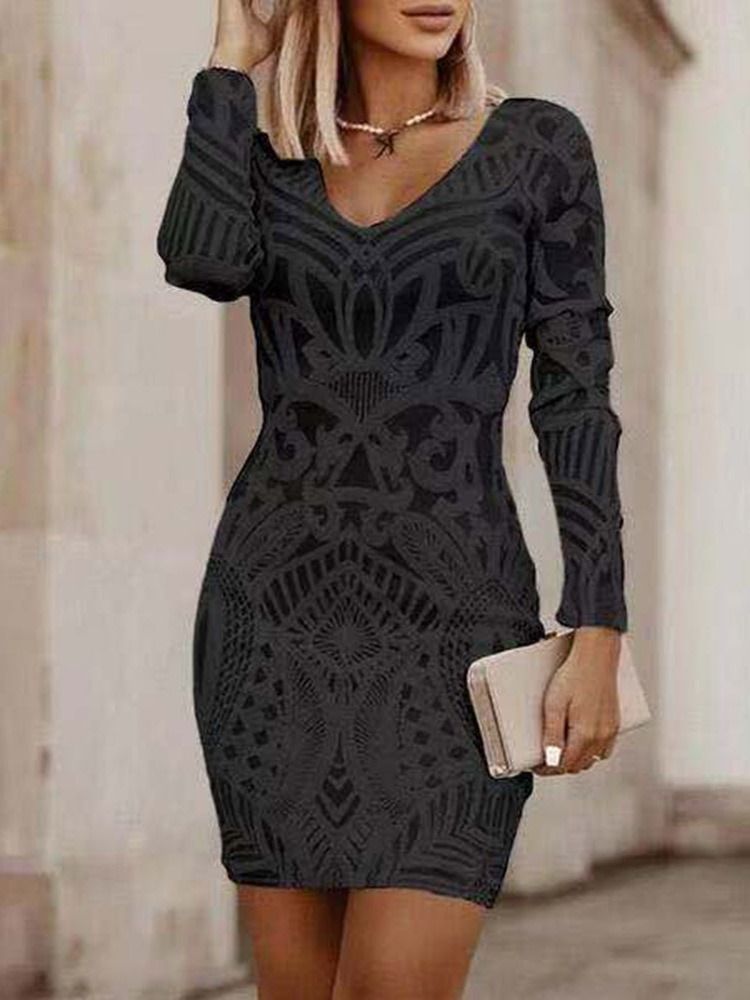 Mid-Calf Nine Points Sleeve V-Neck Pullover Bodycon Klänning Little Black Klänning
