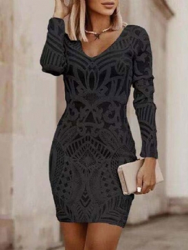 Mid-Calf Nine Points Sleeve V-Neck Pullover Bodycon Klänning Little Black Klänning