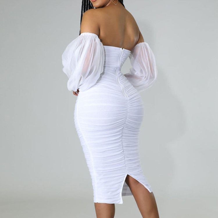 Mid-Calf Nio Punkters Ärm Patchwork High Waist Lantern Sleeve Bodycon Klänning