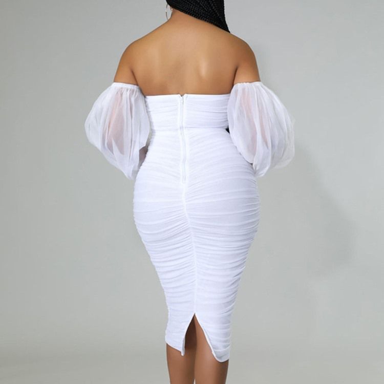 Mid-Calf Nio Punkters Ärm Patchwork High Waist Lantern Sleeve Bodycon Klänning