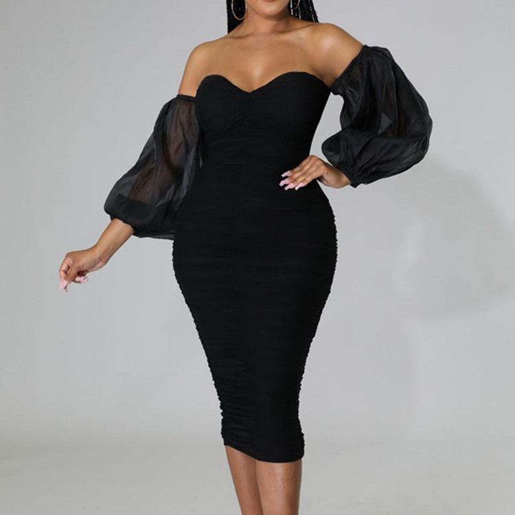 Mid-Calf Nio Punkters Ärm Patchwork High Waist Lantern Sleeve Bodycon Klänning
