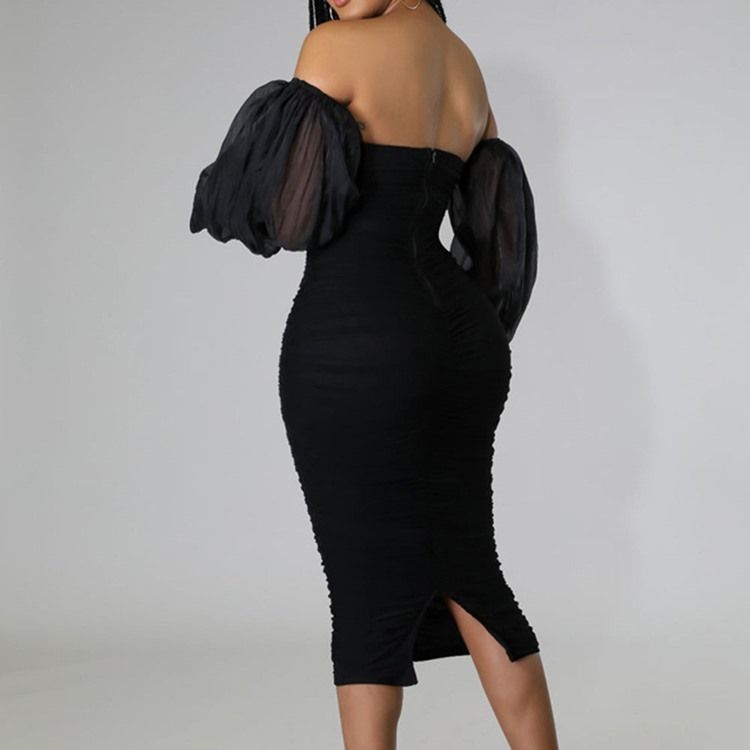 Mid-Calf Nio Punkters Ärm Patchwork High Waist Lantern Sleeve Bodycon Klänning