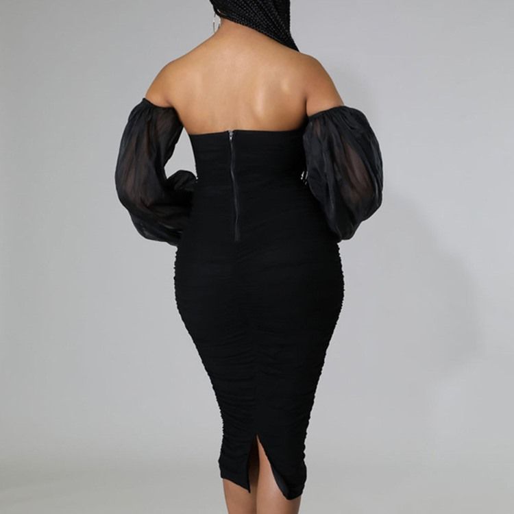 Mid-Calf Nio Punkters Ärm Patchwork High Waist Lantern Sleeve Bodycon Klänning
