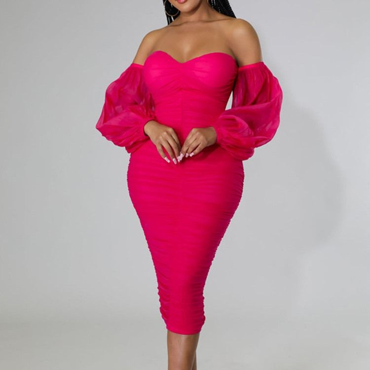 Mid-Calf Nio Punkters Ärm Patchwork High Waist Lantern Sleeve Bodycon Klänning