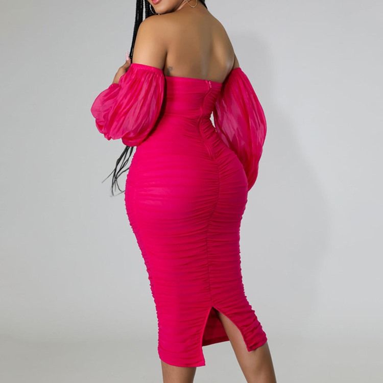 Mid-Calf Nio Punkters Ärm Patchwork High Waist Lantern Sleeve Bodycon Klänning