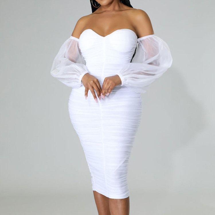 Mid-Calf Nio Punkters Ärm Patchwork High Waist Lantern Sleeve Bodycon Klänning