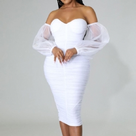 Mid-Calf Nio Punkters Ärm Patchwork High Waist Lantern Sleeve Bodycon Klänning
