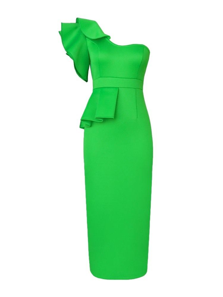 Mid-Calf Oblique Collar Kortärmad Vanlig Office Lady Bodycon Klänning