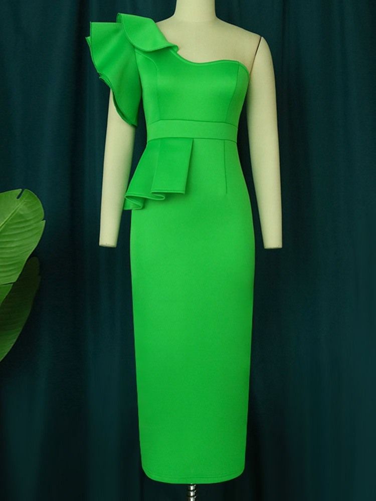 Mid-Calf Oblique Collar Kortärmad Vanlig Office Lady Bodycon Klänning
