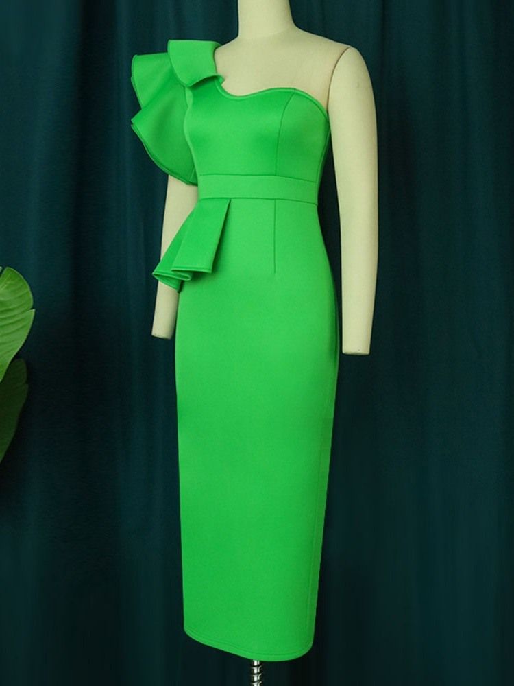 Mid-Calf Oblique Collar Kortärmad Vanlig Office Lady Bodycon Klänning