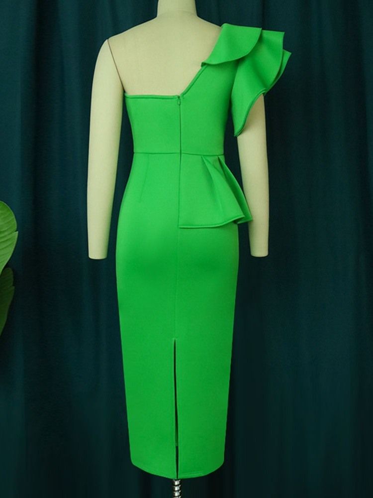 Mid-Calf Oblique Collar Kortärmad Vanlig Office Lady Bodycon Klänning
