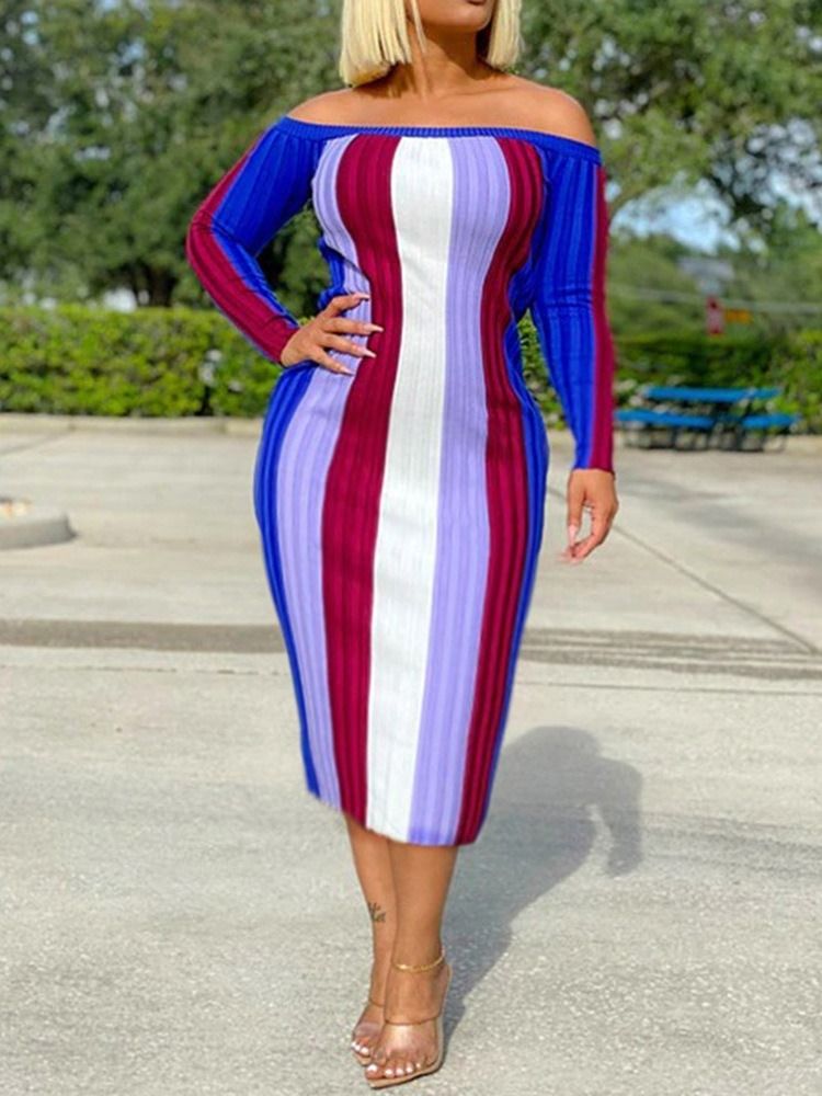Mid-Calf Off Shoulder Långärmad Stripe Bodycon Klänning