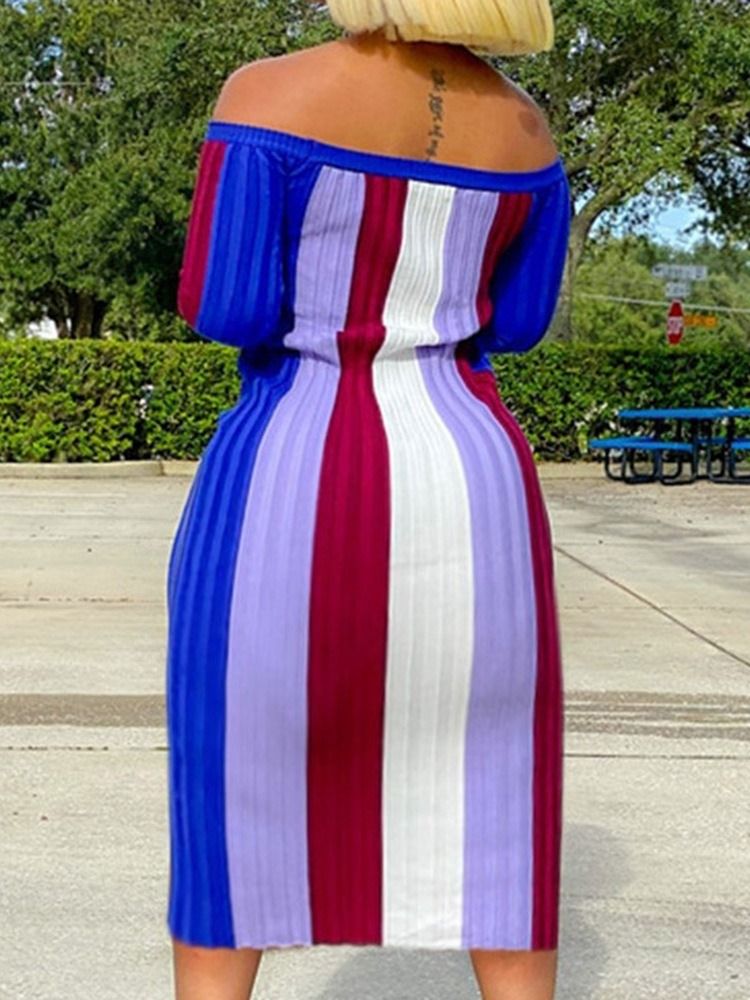 Mid-Calf Off Shoulder Långärmad Stripe Bodycon Klänning