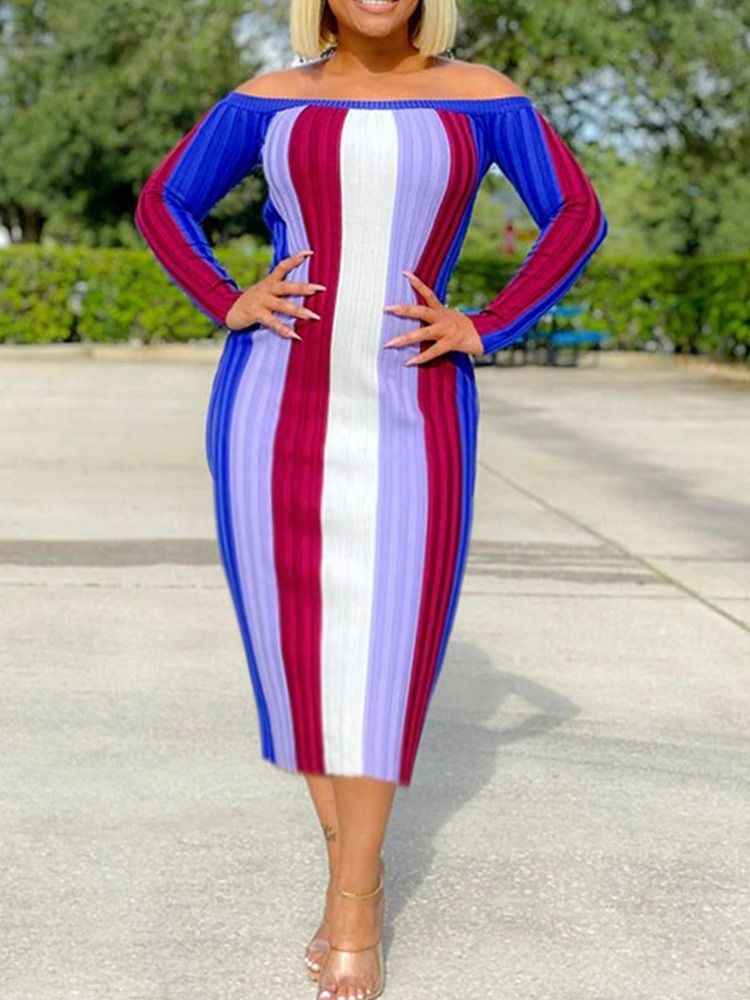 Mid-Calf Off Shoulder Långärmad Stripe Bodycon Klänning