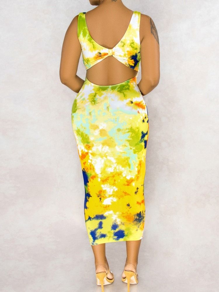 Mid-Calf Patchwork Ärmlös Bodycon Color Block Klänning