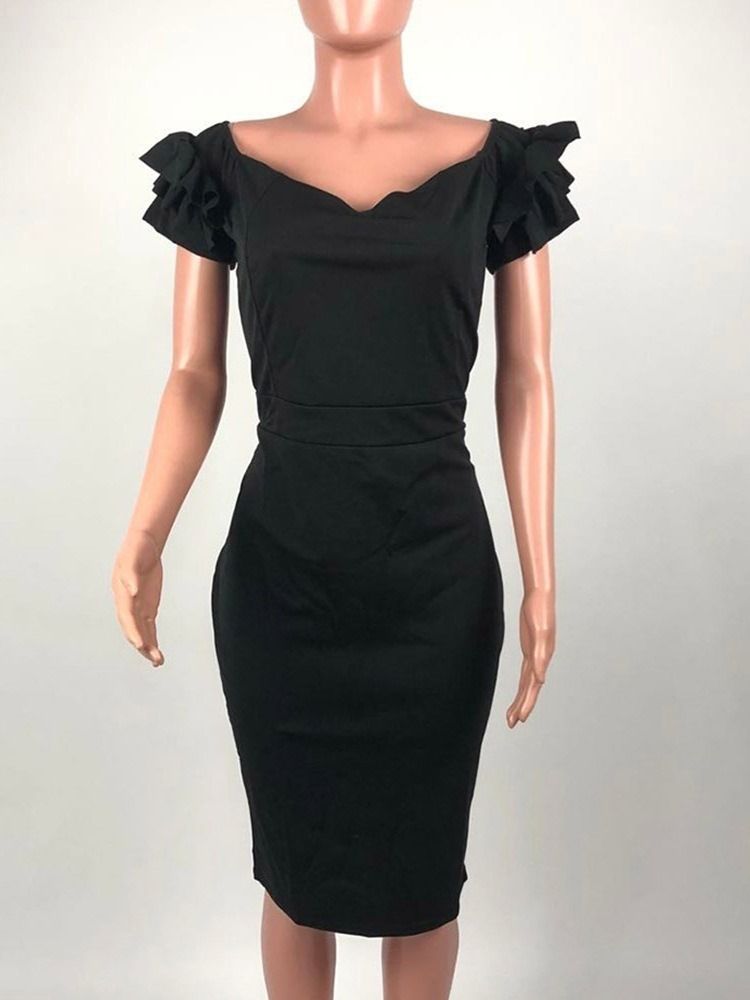 Mid-Kalf Kortärmad Stringy Selvedge Sommar Plain Plus Size Bodycon Klänning