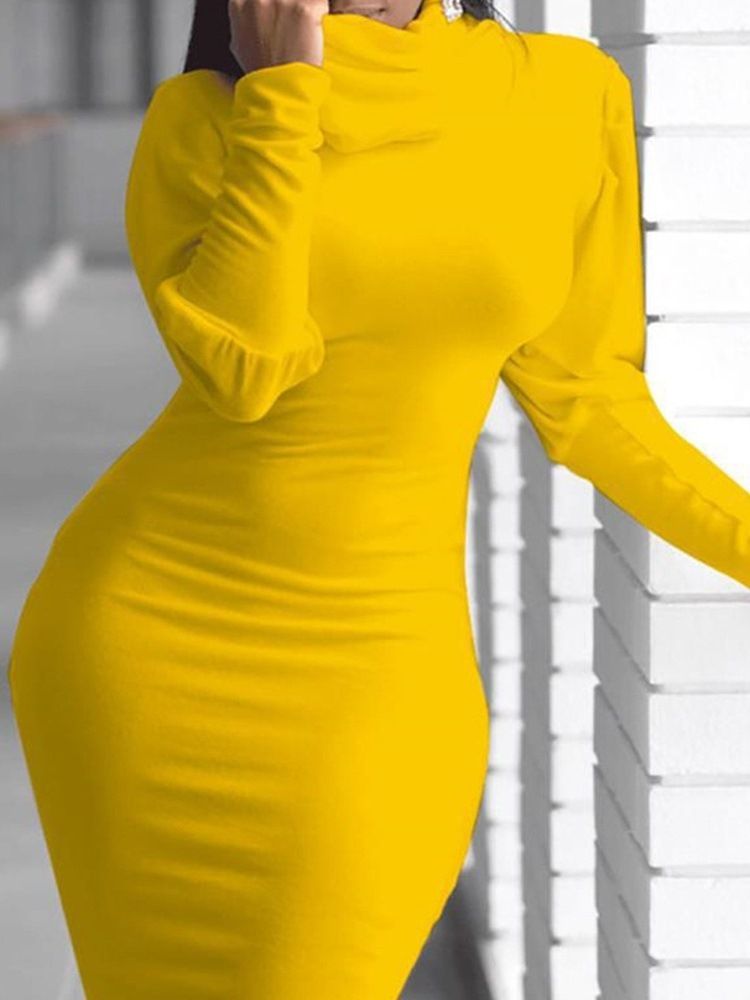 Mid-Kalf Långärmad Heap Collar Bodycon Pullover Klänning