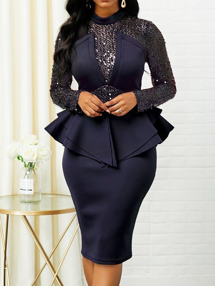 Mid-Kalf Långärmad Lapptäcke High Waist Spring Bodycon Klänning