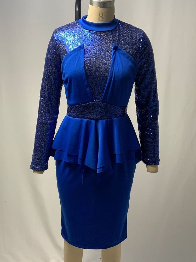 Mid-Kalf Långärmad Lapptäcke High Waist Spring Bodycon Klänning