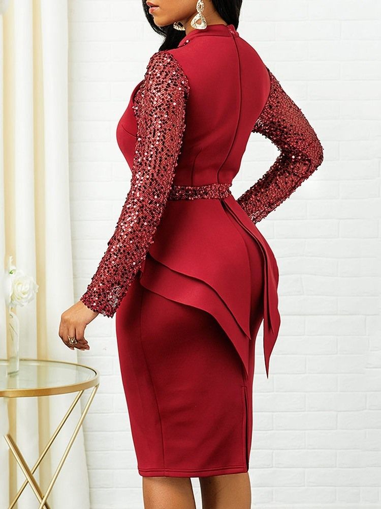 Mid-Kalf Långärmad Lapptäcke High Waist Spring Bodycon Klänning