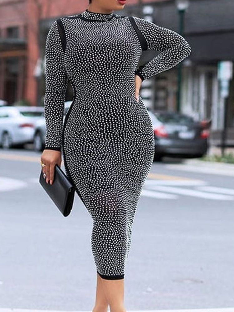 Mid-Kalf Långärmad Stativ Krage Höst Bodycon Klänning