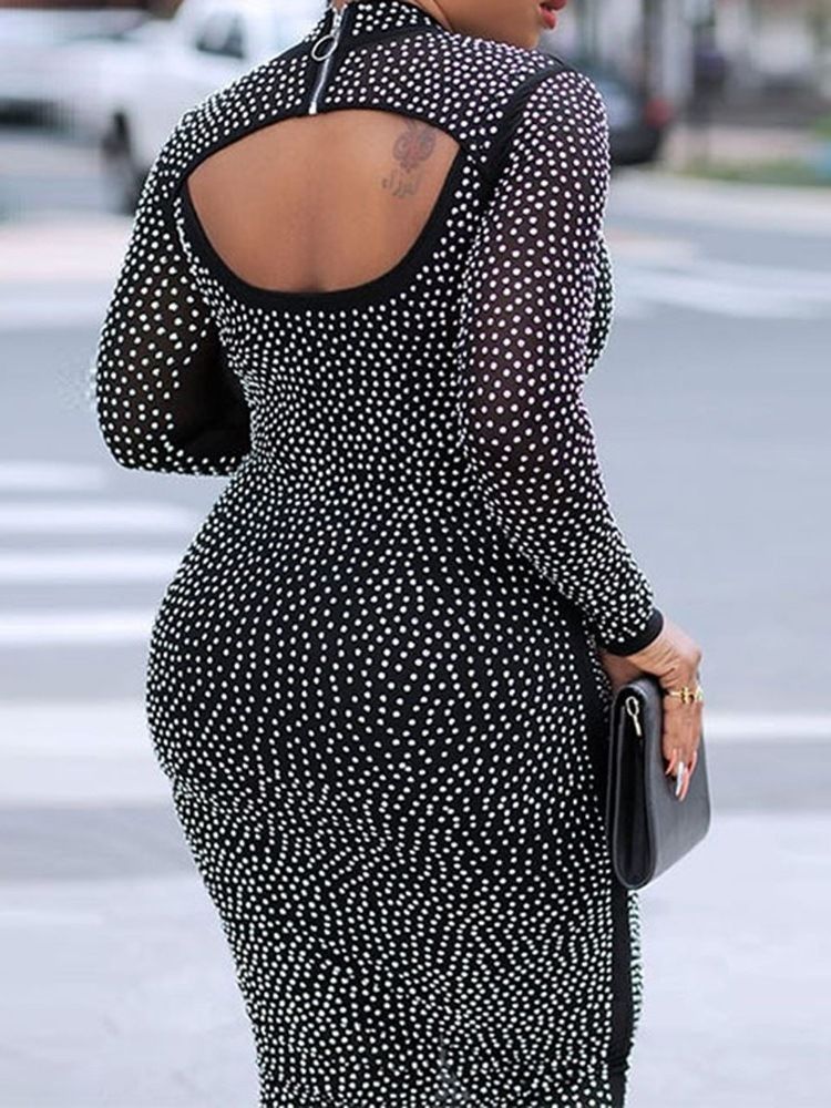 Mid-Kalf Långärmad Stativ Krage Höst Bodycon Klänning