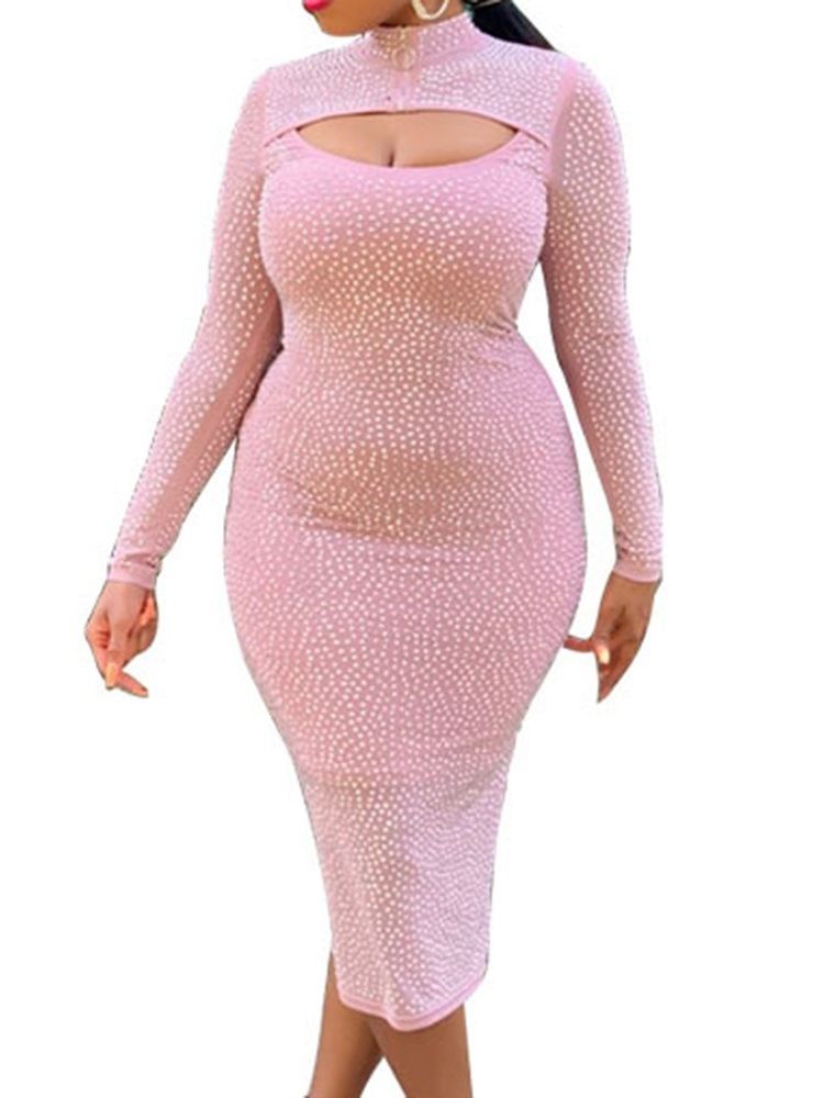 Mid-Kalf Långärmad Stativ Krage Höst Bodycon Klänning