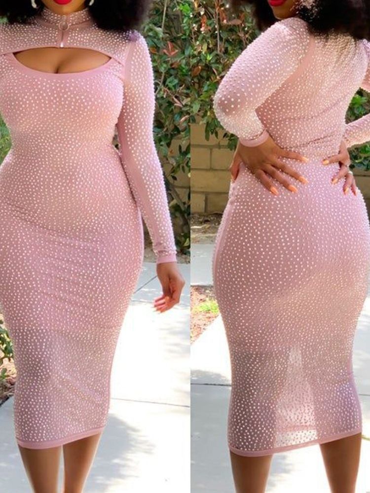 Mid-Kalf Långärmad Stativ Krage Höst Bodycon Klänning