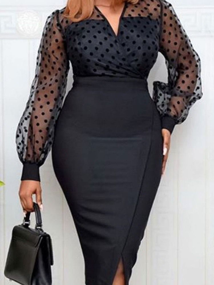 Mid-Kalf Långärmad V-Hals Lantern Sleeve Bodycon Klänning För Kvinnor