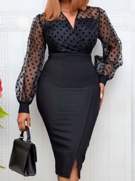 Mid-Kalf Långärmad V-Hals Lantern Sleeve Bodycon Klänning För Kvinnor