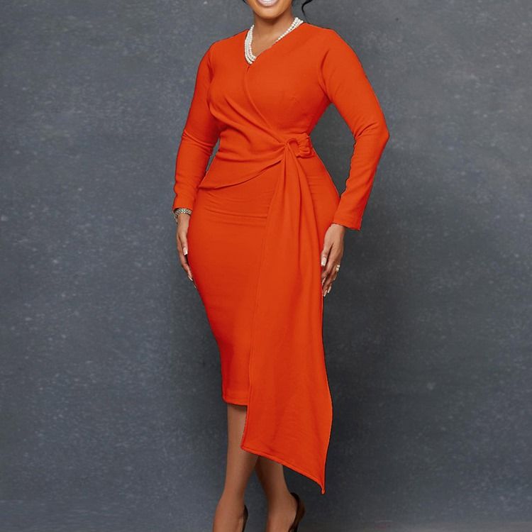Mid-Kalv Asymmetrisk Långärmad Normal Hög Midja Bodycon-Klänning