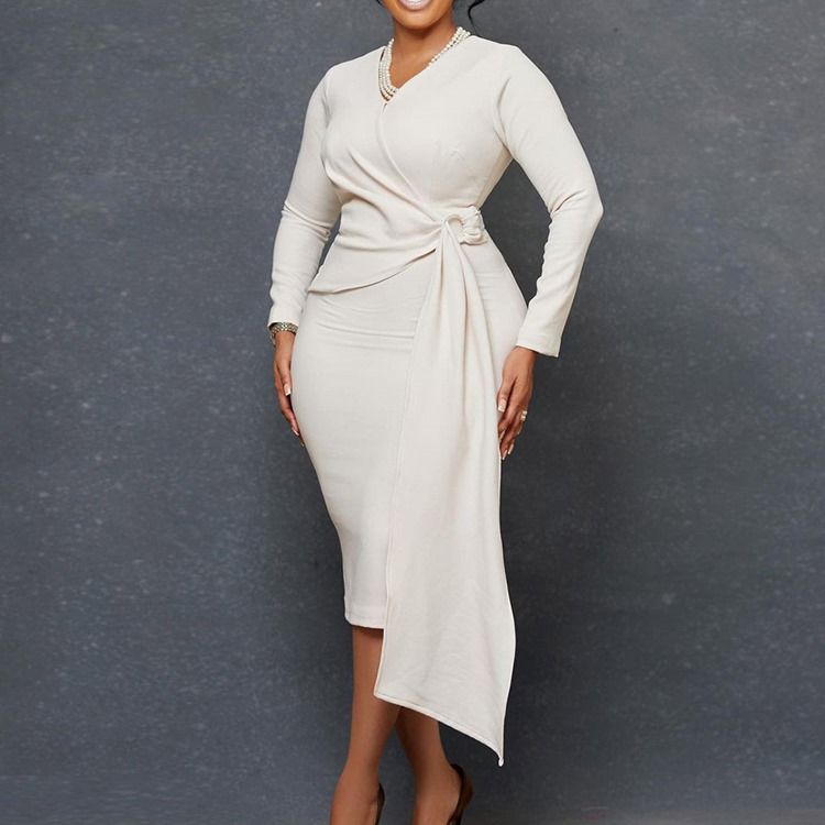 Mid-Kalv Asymmetrisk Långärmad Normal Hög Midja Bodycon-Klänning