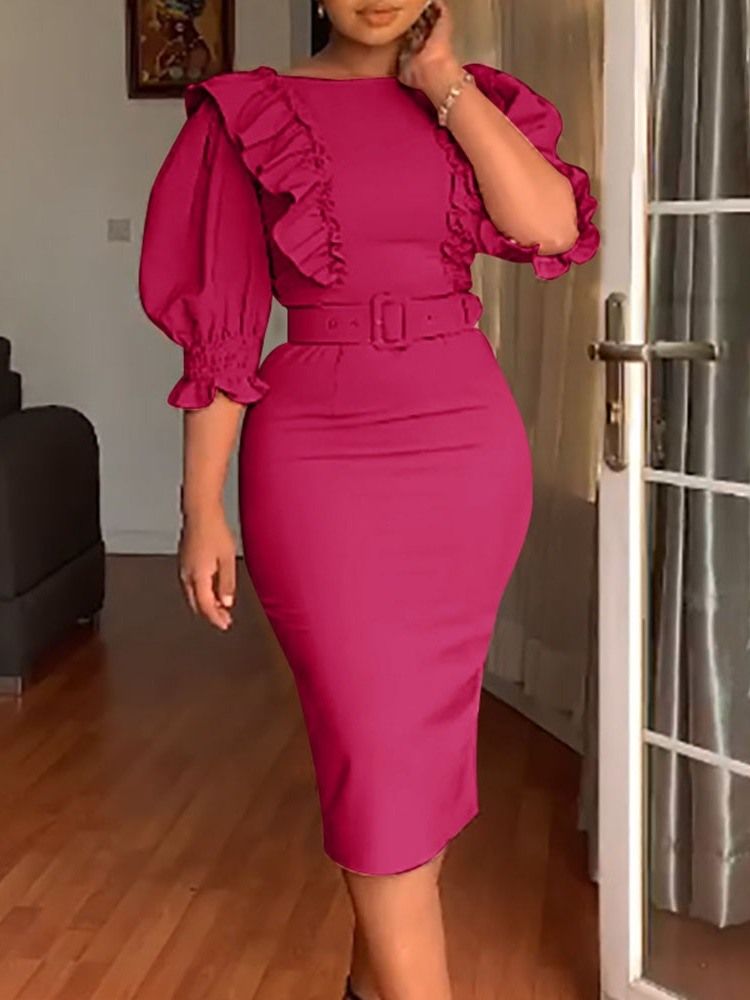 Mid-Kalv Rund Hals Bälte Princess Sleeve Sommar Bodycon Klänning