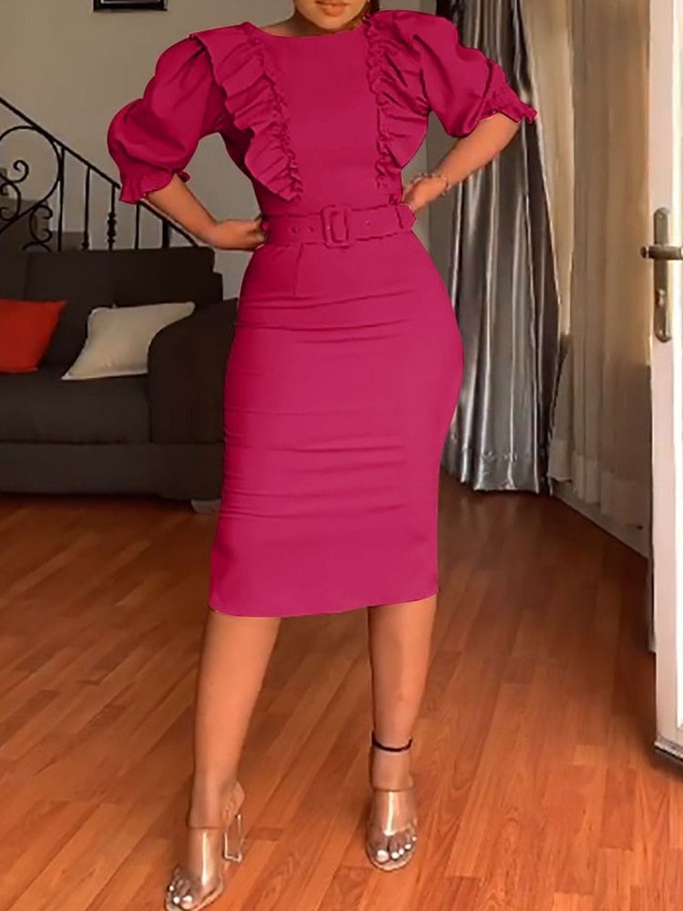 Mid-Kalv Rund Hals Bälte Princess Sleeve Sommar Bodycon Klänning