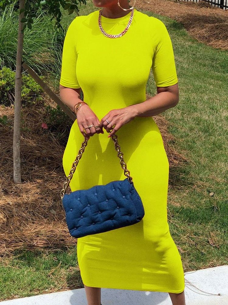 Mid-Kalv Rund Hals Kortärmad Tröja Office Lady Bodycon Klänning