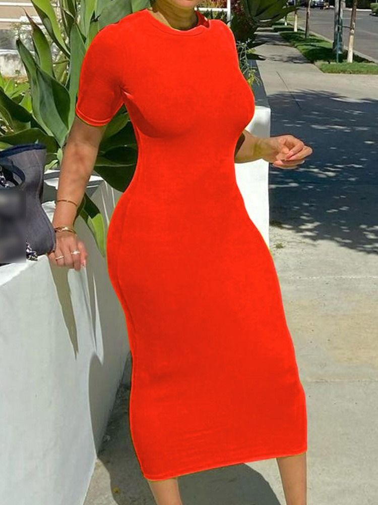 Mid-Kalv Rund Hals Kortärmad Tröja Office Lady Bodycon Klänning