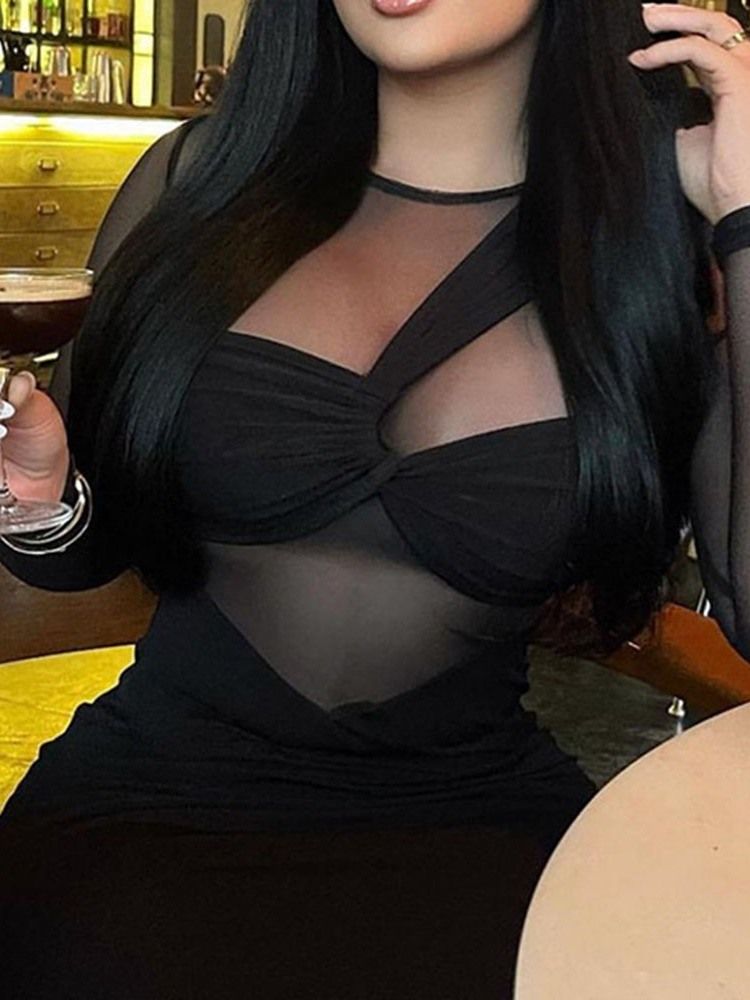 Mid-Kalv Rund Hals Långärmad Slida Sommar Bodycon Klänning