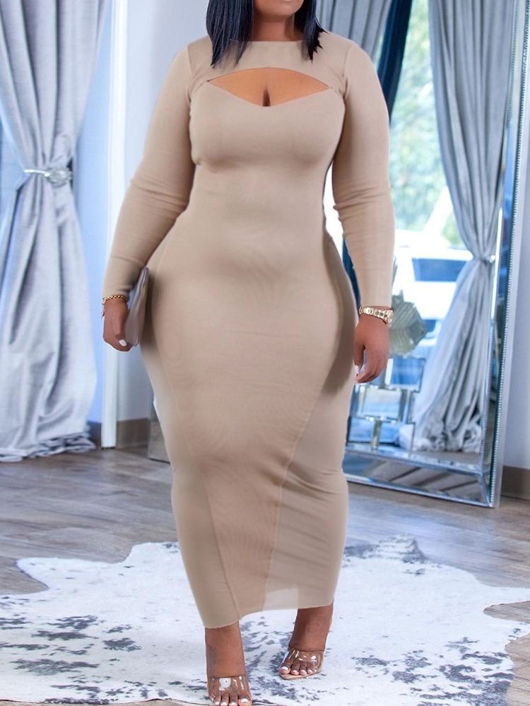 Nio Poängs Ärm Ihålig Ankellång Vanlig Bodycon-Klänning