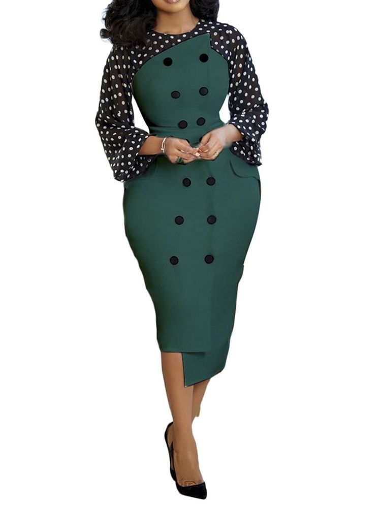 Nio Poängs Ärm Patchwork Mid-Calf Asymmetrisk Polka Dots Klänning