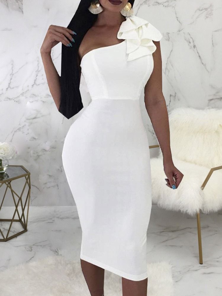 Oblique Collar Ärmlös Falbala Western Sommar Bodycon Klänning