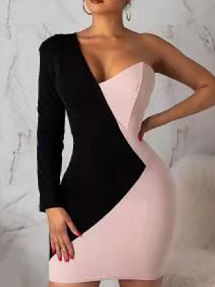 Oblique Collar Långärmad Asymmetrisk Bodycon Klänning