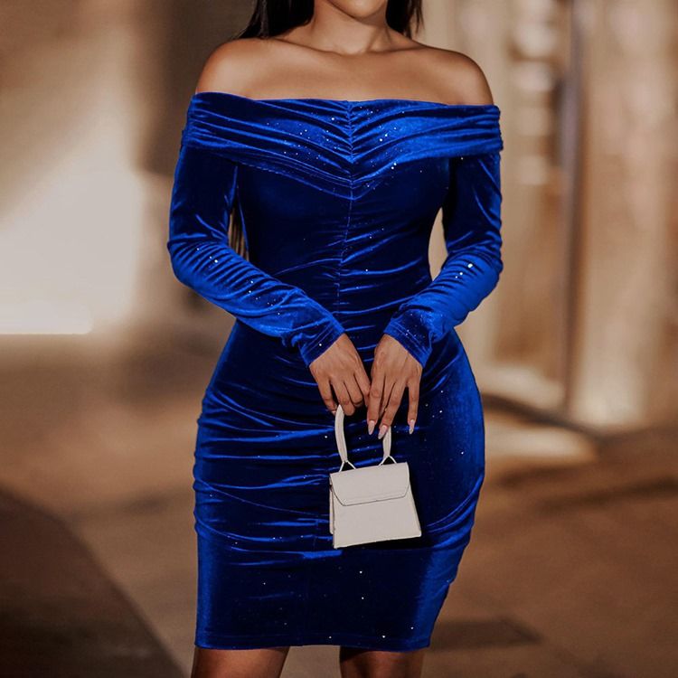 Off Shoulder Above Knee Paljetter Fall Pullover Bodycon Klänning
