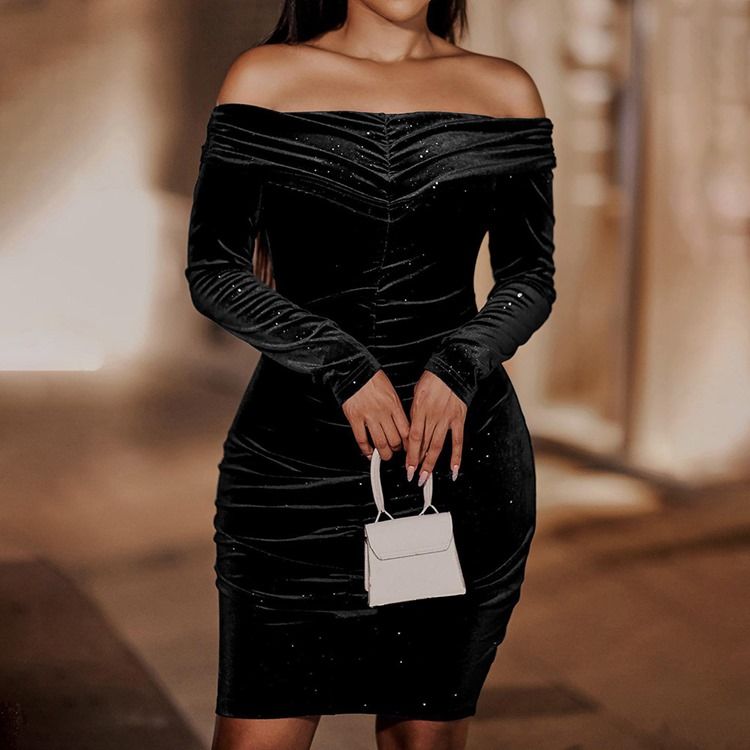 Off Shoulder Above Knee Paljetter Fall Pullover Bodycon Klänning