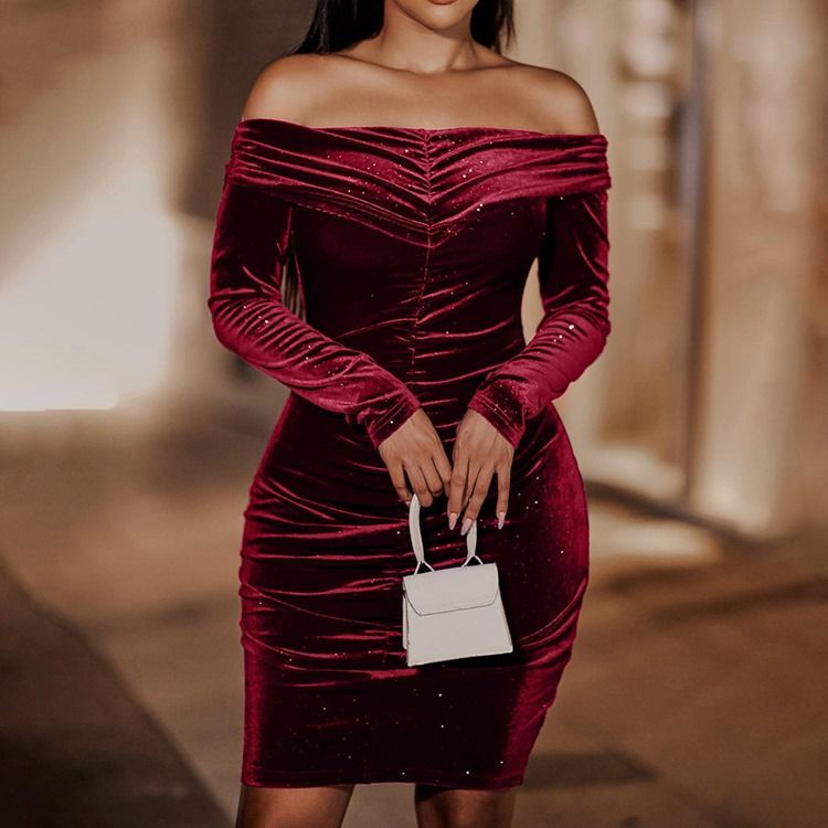 Off Shoulder Above Knee Paljetter Fall Pullover Bodycon Klänning