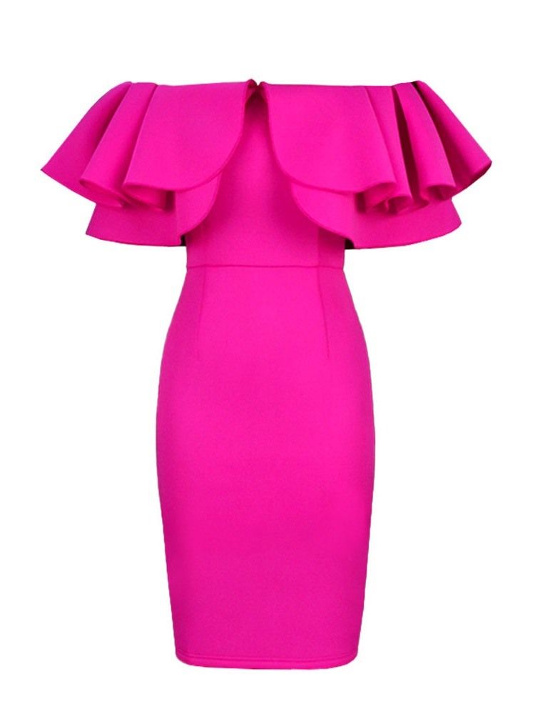 Off Shoulder Falbala Long Sleeve Plain Volanger Sleeve Bodycon Klänning