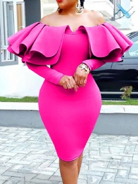 Off Shoulder Falbala Long Sleeve Plain Volanger Sleeve Bodycon Klänning