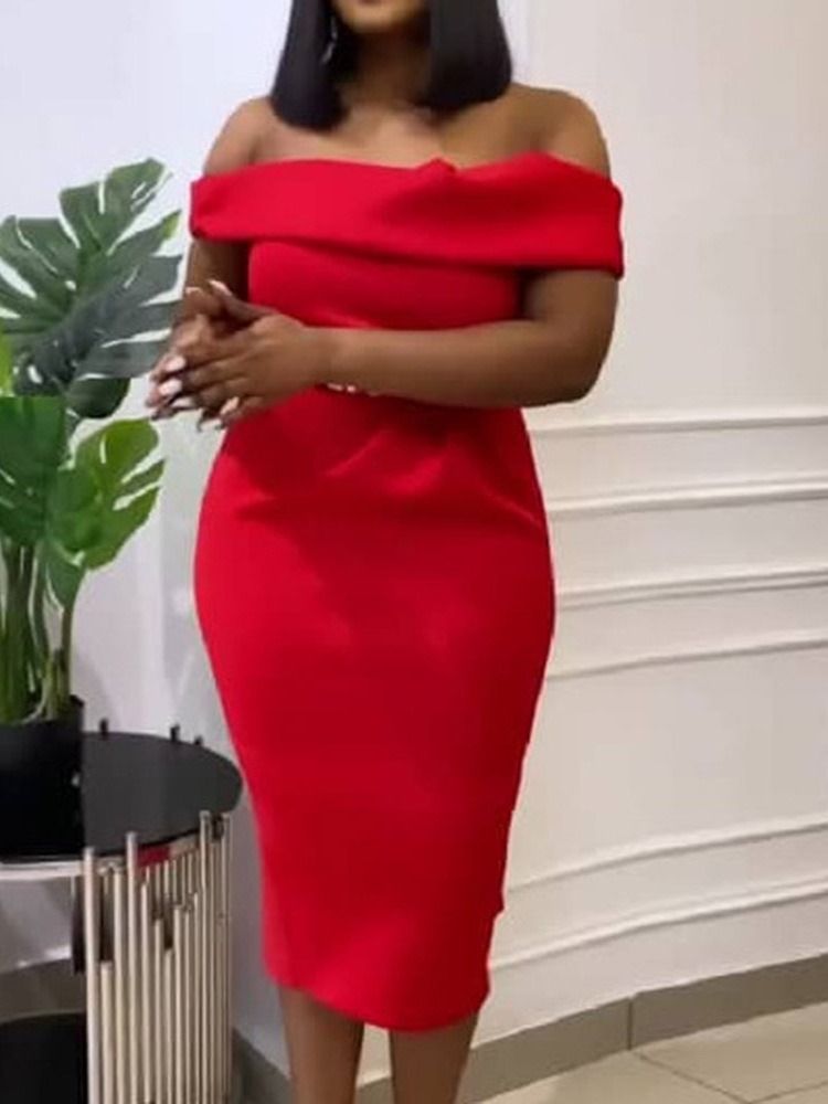 Off Shoulder Kortärmad Mid-Calf Plain Bodycon Klänning