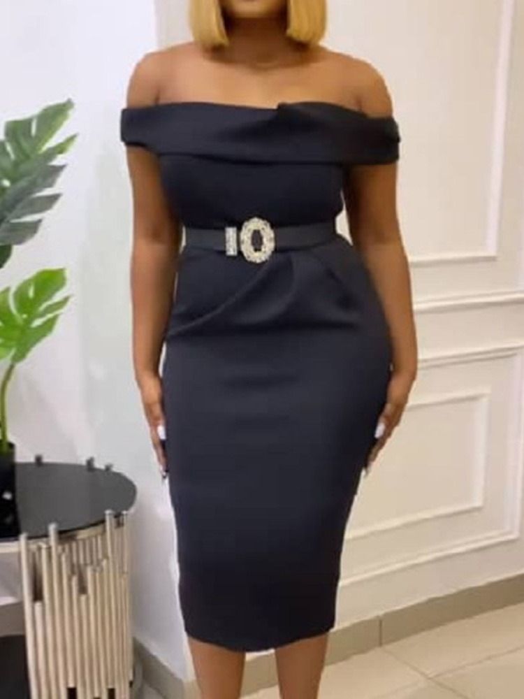 Off Shoulder Kortärmad Mid-Calf Plain Bodycon Klänning