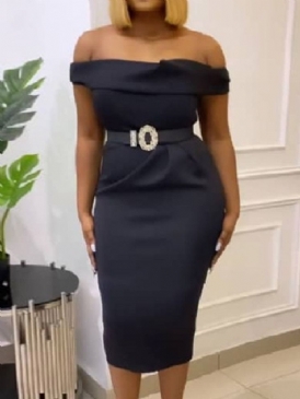 Off Shoulder Kortärmad Mid-Calf Plain Bodycon Klänning